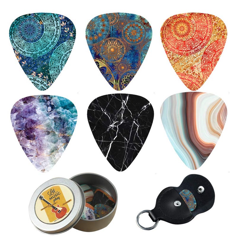 IRIDESCENT Guitar Picks - 12-pack 0.71mm Medium Gauge Celluloid Guitar Picks In a Box Picks Holder. Unique Guitar Gift For Bass, Electric & Acoustic Guitars (Flower Stone) - Image 1
